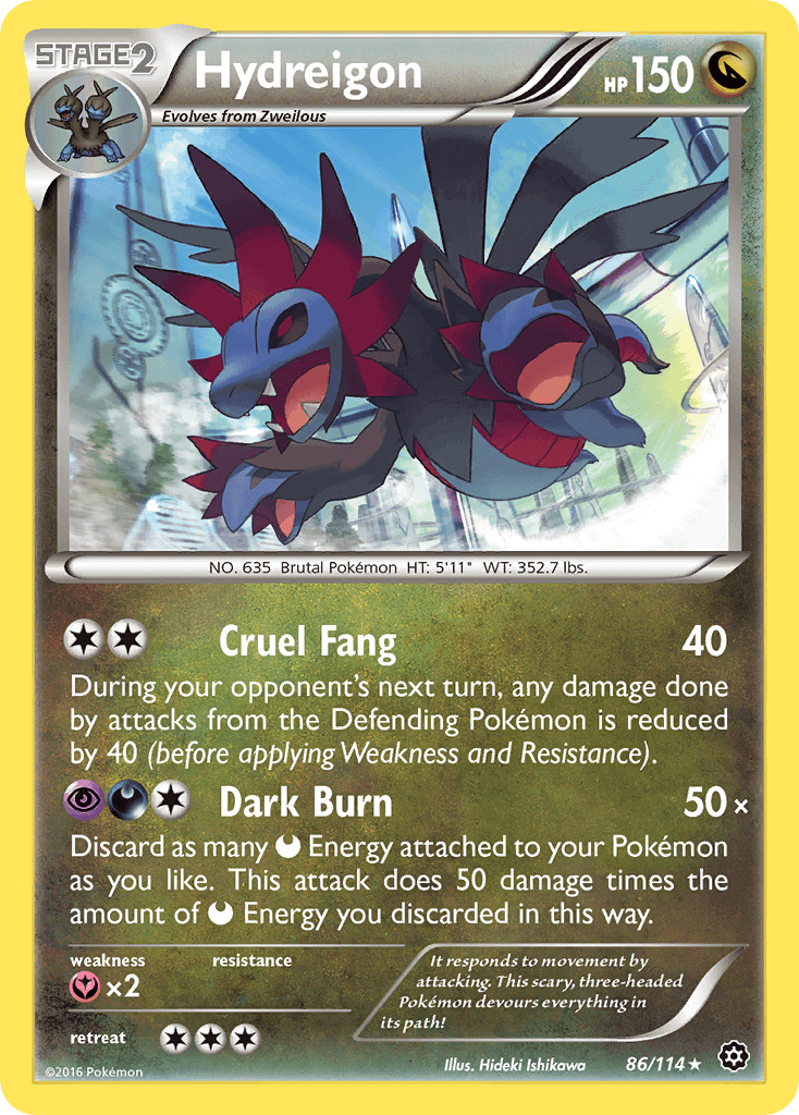 Hydreigon (86/114) [XY: Steam Siege] Holo Rare card featuring fierce dragon artwork and detailed attack descriptions.