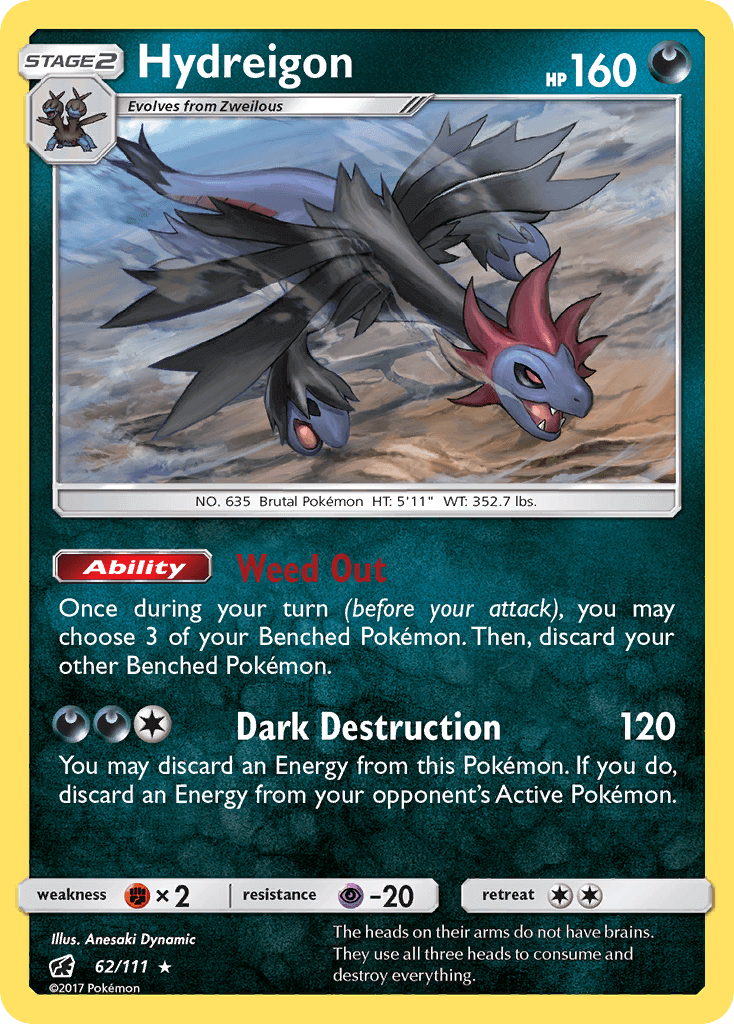 Hydreigon (62/111) [Sun & Moon: Crimson Invasion] card showcasing its abilities and HP.