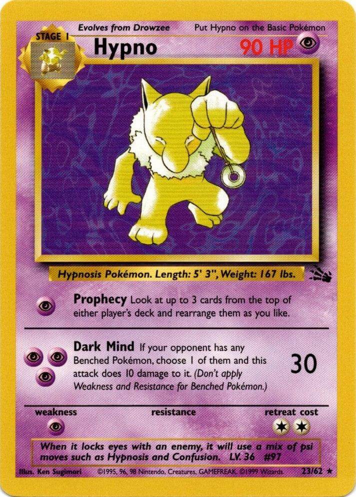 Hypno (23/62) [Fossil Unlimited] Psychic Pokémon card featuring dark mind ability and unique artwork.