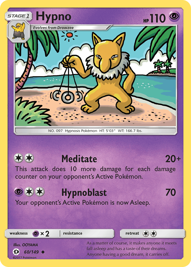 Hypno (60/149) [Sun & Moon: Base Set] card featuring psychic attack details and artwork.