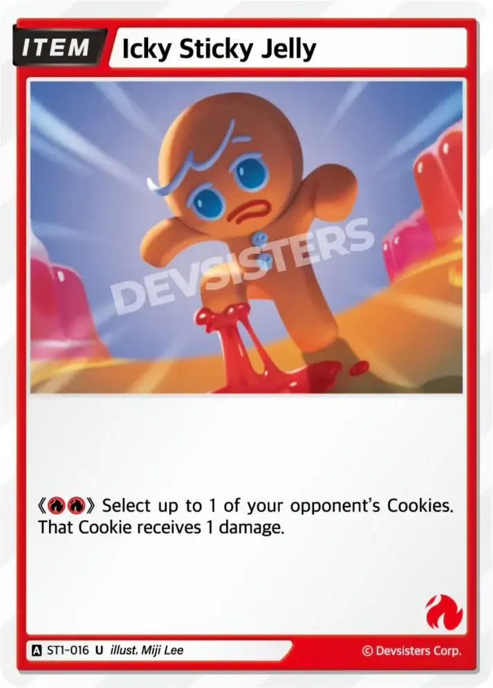 Image of Icky Sticky Jelly ST1-016 U | Uncommon card from Devsisters Corp, featuring a gingerbread character and jelly.