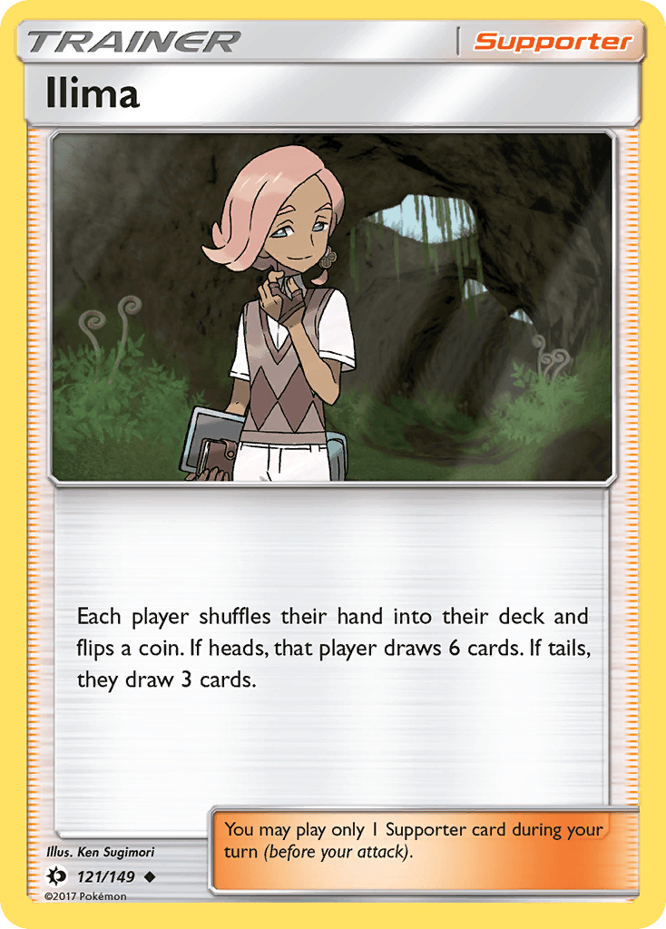 Ilima (121/149) [Sun & Moon: Base Set] card showcasing a supporter ability with playful art.