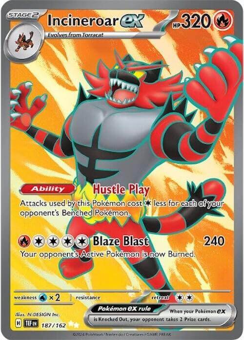 Incineroar ex (187/162) [Scarlet & Violet: Temporal Forces] card featuring Hustle Play and Blaze Blast attacks.