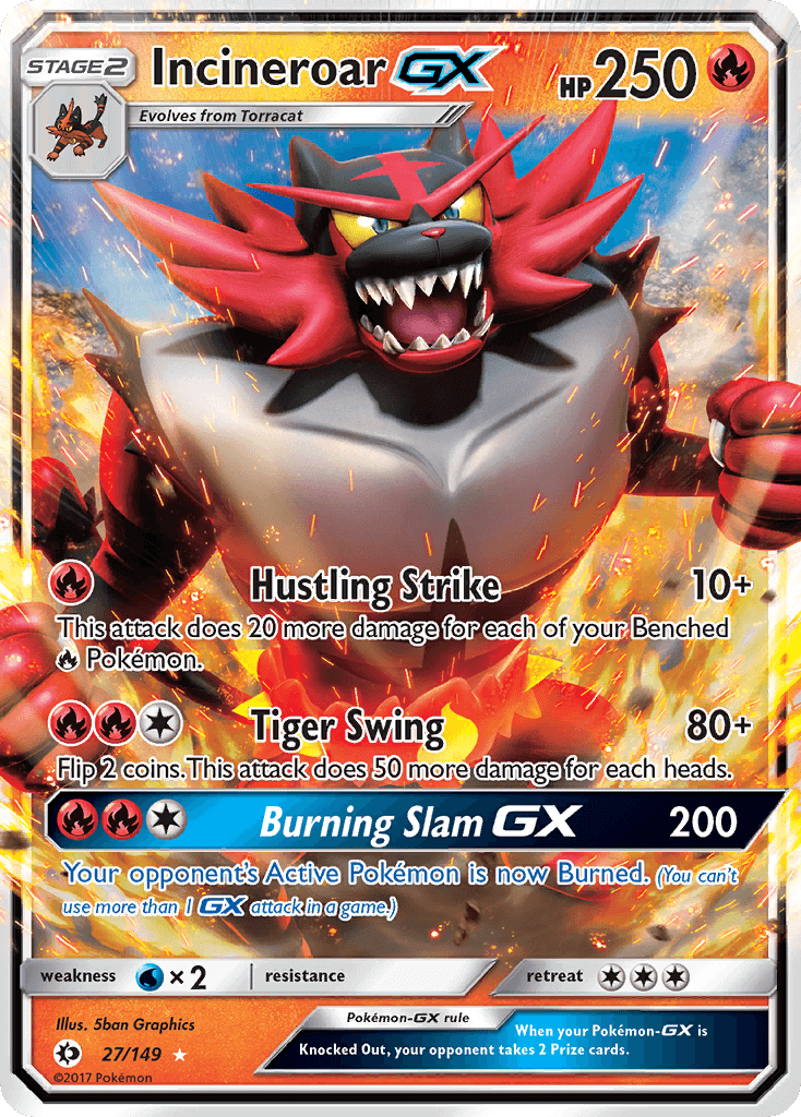 Incineroar GX (27/149) [Sun & Moon: Base Set] trading card showcasing HP 250 and special attacks.