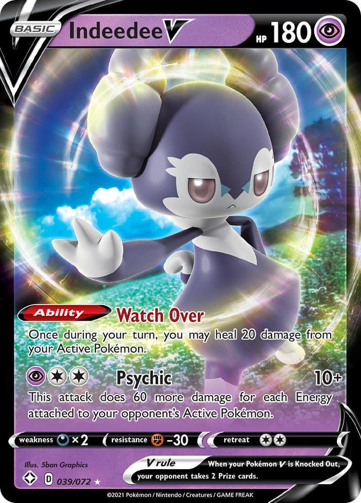 Indeedee V (039/072) [Sword & Shield: Shining Fates] card featuring Psychic type abilities and Ultra Rare characteristics.
