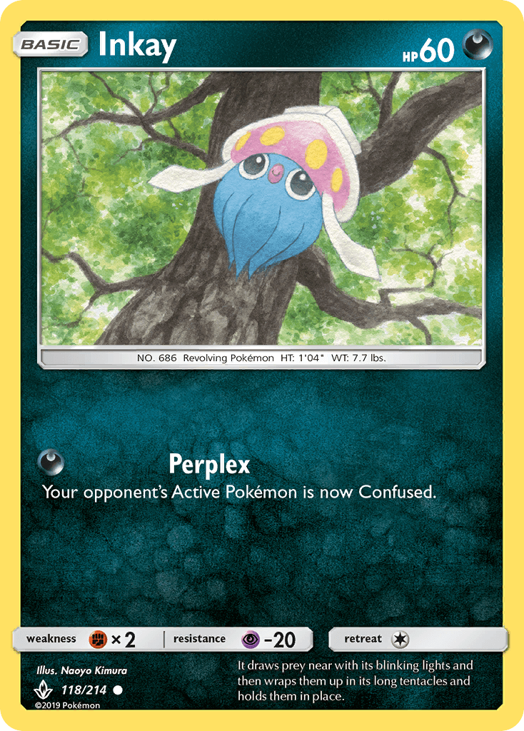 Inkay (118/214) [Sun & Moon: Unbroken Bonds] Pokémon card featuring the creature in a forest setting.