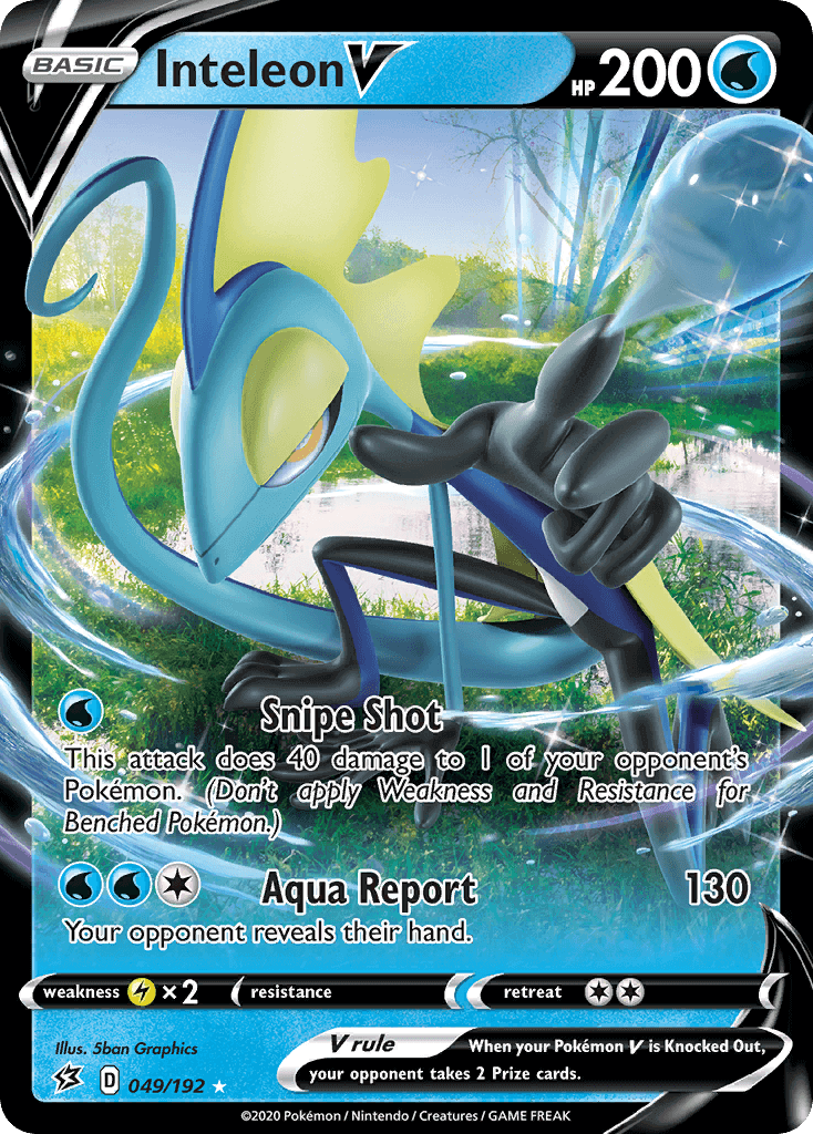 Inteleon V (049/192) [Sword & Shield: Rebel Clash] card showcasing Snipe Shot and Aqua Report moves.