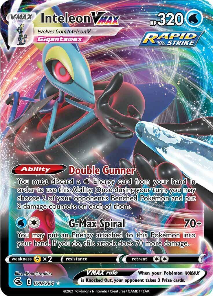 Inteleon VMAX (079/264) [Sword & Shield: Fusion Strike] with abilities, including Double Gunner and G-Max Spiral, ultra rare card.