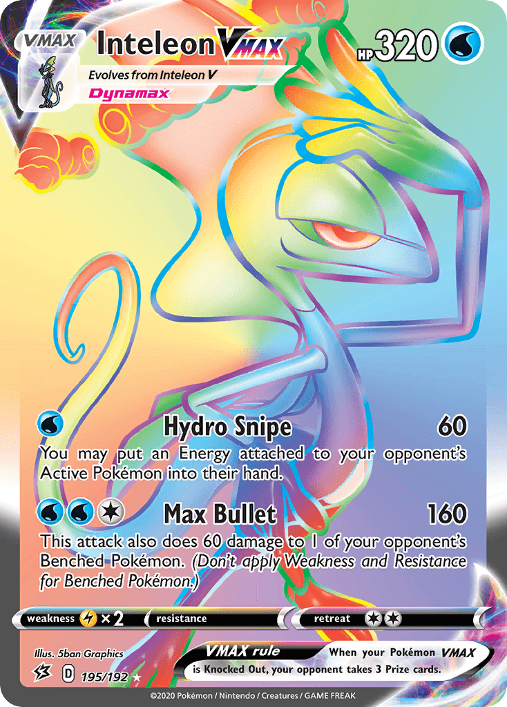 Inteleon VMAX (195/192) [Sword & Shield: Rebel Clash] card showcasing Hydro Snipe and Max Bullet attacks.