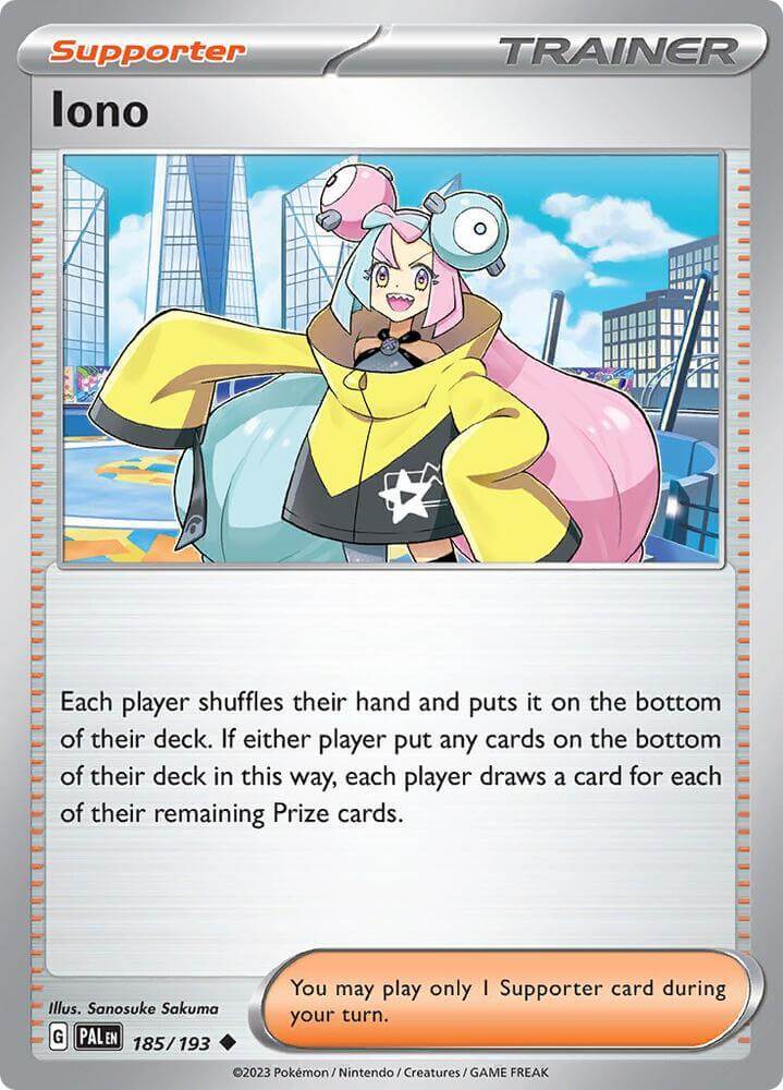 Iono (185/193) [Scarlet & Violet: Paldea Evolved] Supporter card featuring Trainer Iono in colorful attire.