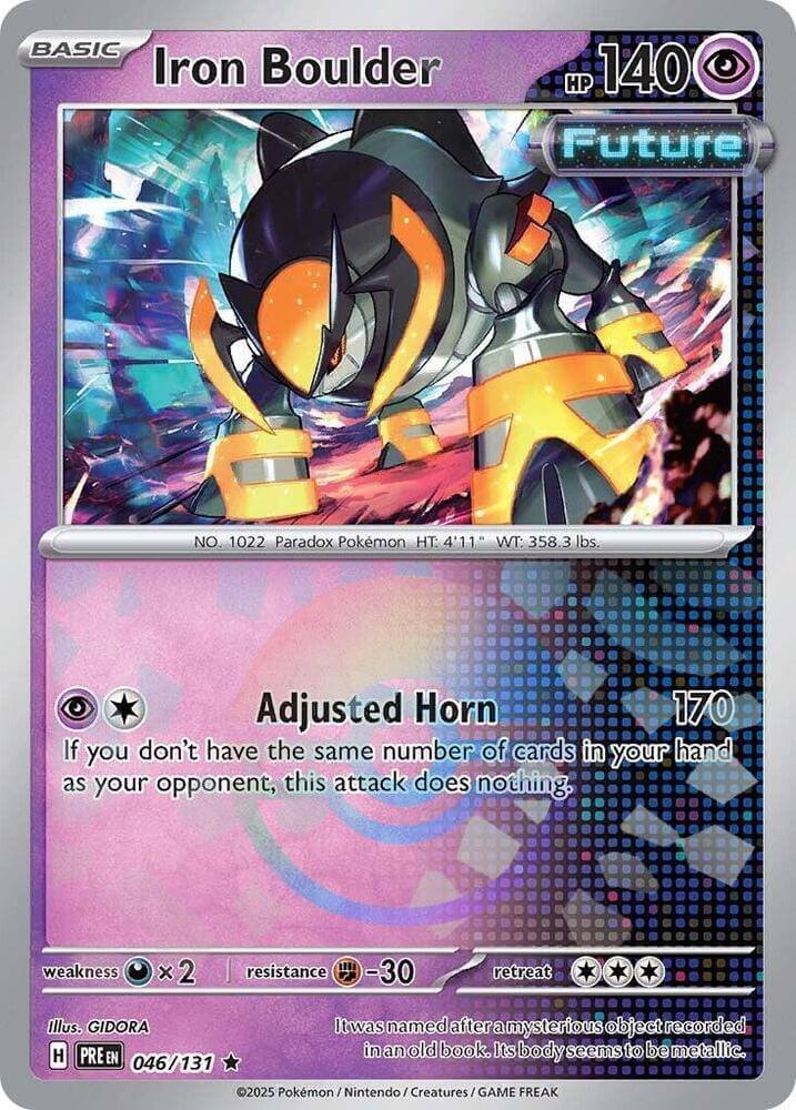 Iron Boulder (046/131) (Poke Ball Pattern) [Scarlet & Violet: Prismatic Evolutions] card with HP 140 and Adjusted Horn attack.