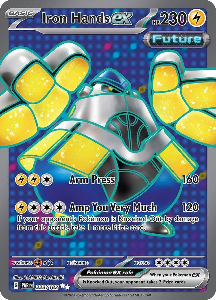 Iron Hands ex (223/182) [Scarlet & Violet: Paradox Rift] card featuring HP 230 and attacks Arm Press and Amp You Very Much.