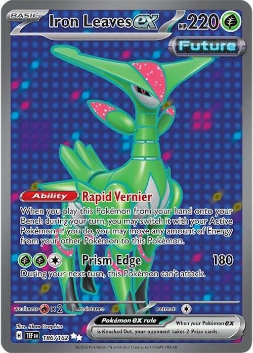 Iron Leaves ex (186/162) [Scarlet & Violet: Temporal Forces] card featuring Rapid Vernier ability and Prism Edge attack.