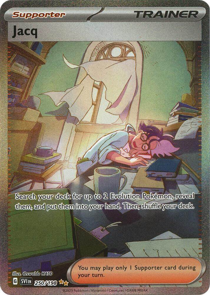 Jacq (250/198) [Scarlet & Violet: Base Set] Secret Rare Supporter card with a person studying.