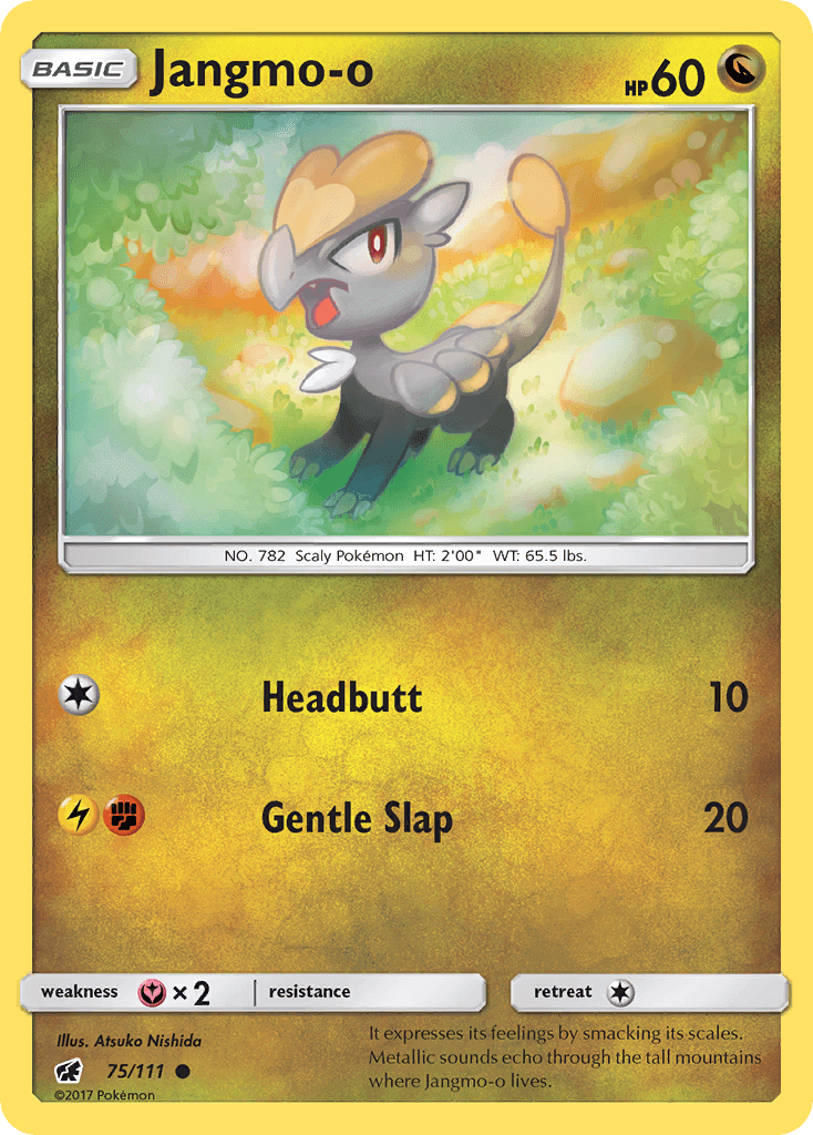 Jangmo-o (75/111) [Sun & Moon: Crimson Invasion] card showcasing its abilities and design.