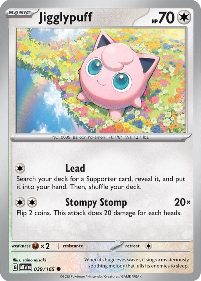 Jigglypuff (039/165) [Scarlet & Violet: 151] card featuring its abilities Lead and Stompy Stomp.