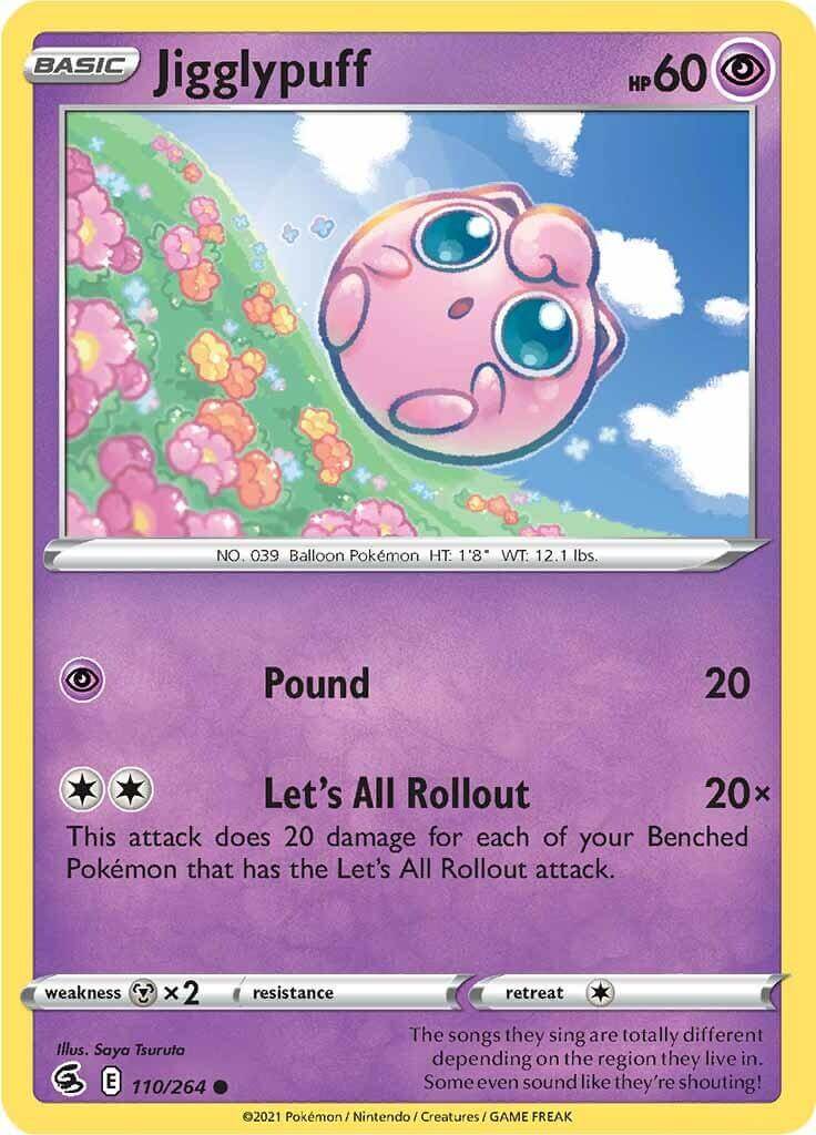 Jigglypuff (110/264) [Sword & Shield: Fusion Strike] card featuring art with colorful background and playful expression.