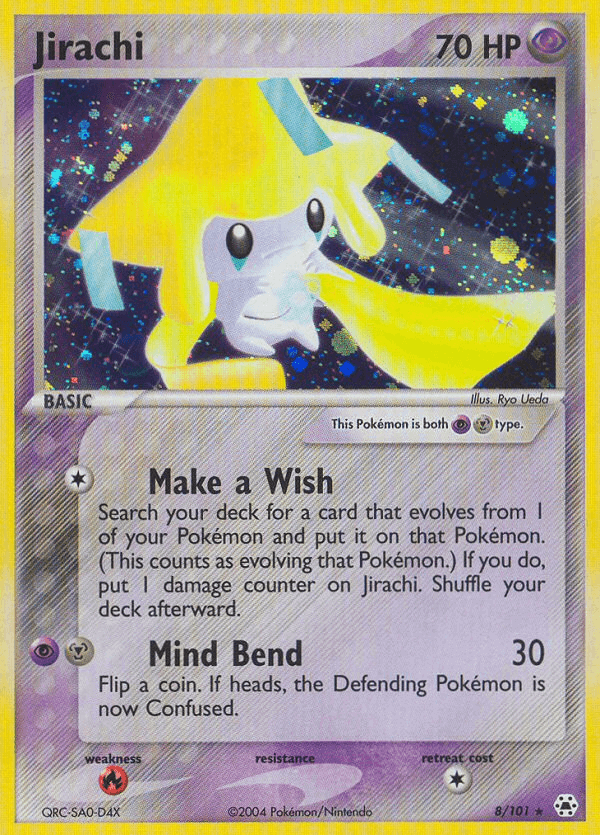 Jirachi (8/101) [EX: Hidden Legends] card showcasing its abilities and holo rare features.
