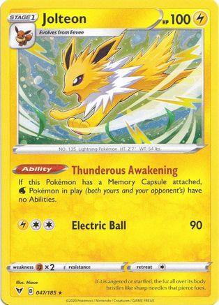 Jolteon (047/185) (Cosmos Holo) [Sword & Shield: Vivid Voltage] lightning card with Thunderous Awakening ability.