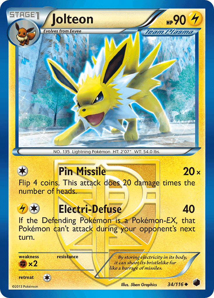 Jolteon (34/116) [Black & White: Plasma Freeze] card featuring lightning type and unique abilities.