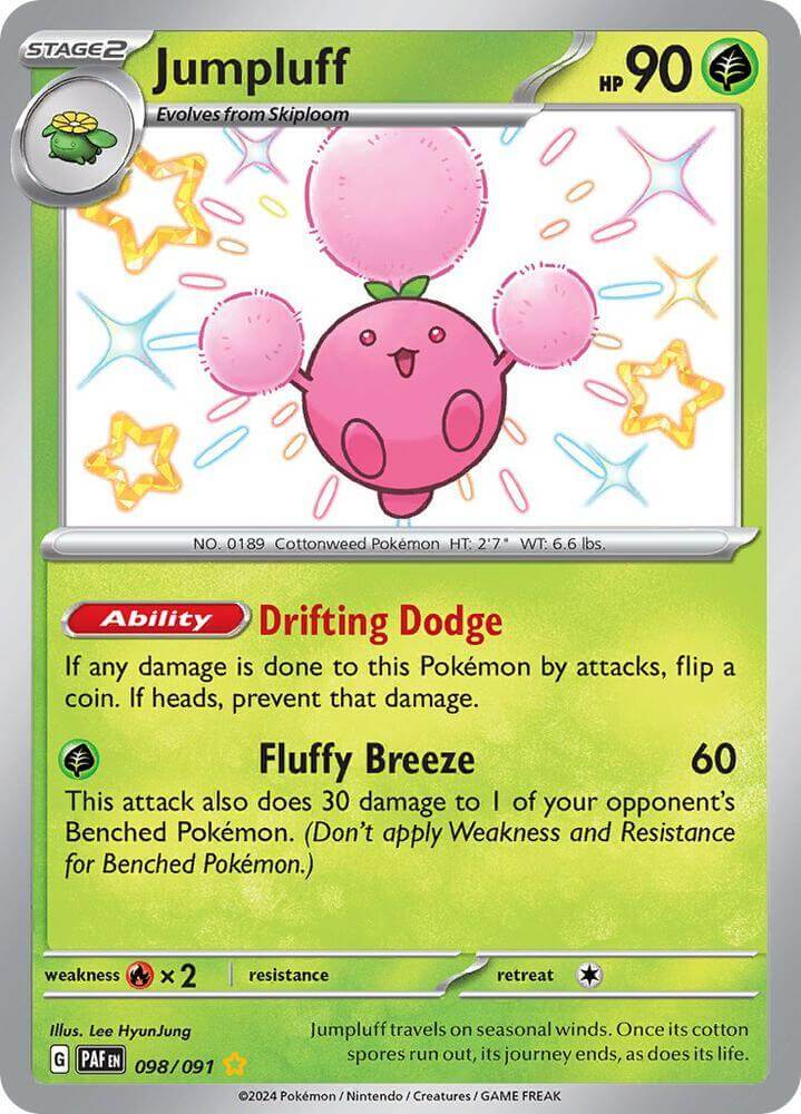 Jumpluff (098/091) [Scarlet & Violet: Paldean Fates] card featuring grassy design and shiny rare attributes.