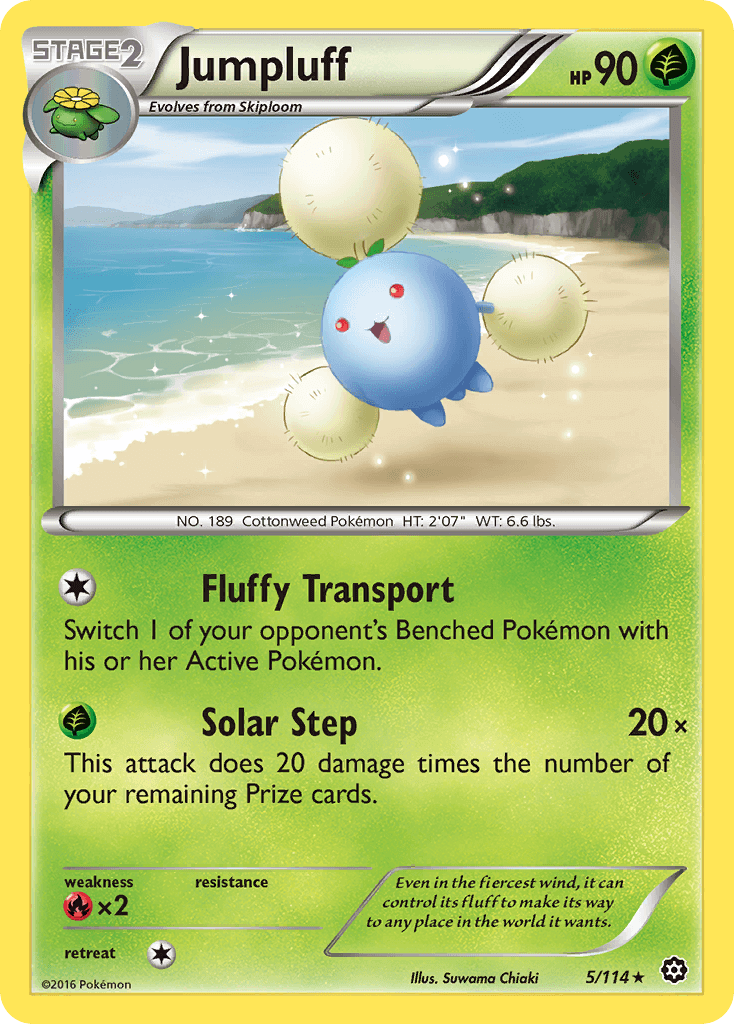 Jumpluff (5/114) [XY: Steam Siege] card with Fluffy Transport and Solar Step moves, showcasing Grass type and rare features.