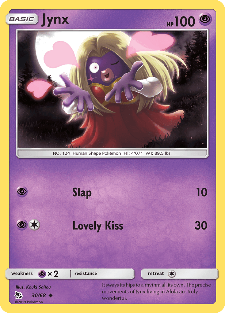 Jynx (30/68) [Sun & Moon: Hidden Fates] trading card featuring Jynx with HP 100, Psychic type, and Uncommon rarity.