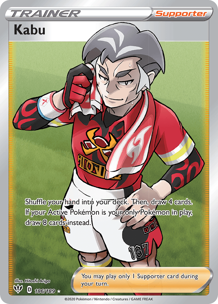 Kabu (186/189) [Sword & Shield: Darkness Ablaze] Supporter Ultra Rare card with game instructions.