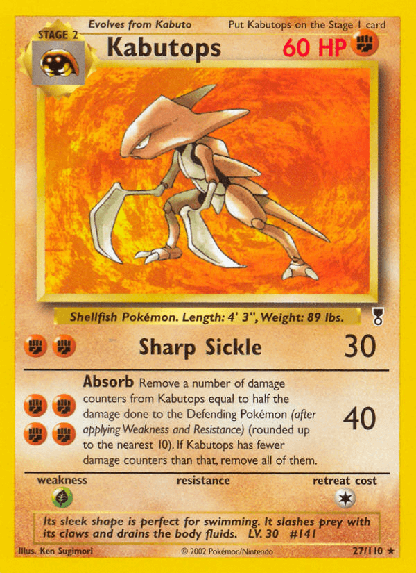 Kabutops (27/110) [Legendary Collection] card showcasing its abilities and artwork, featuring Sharp Sickle attack and Fighting type.