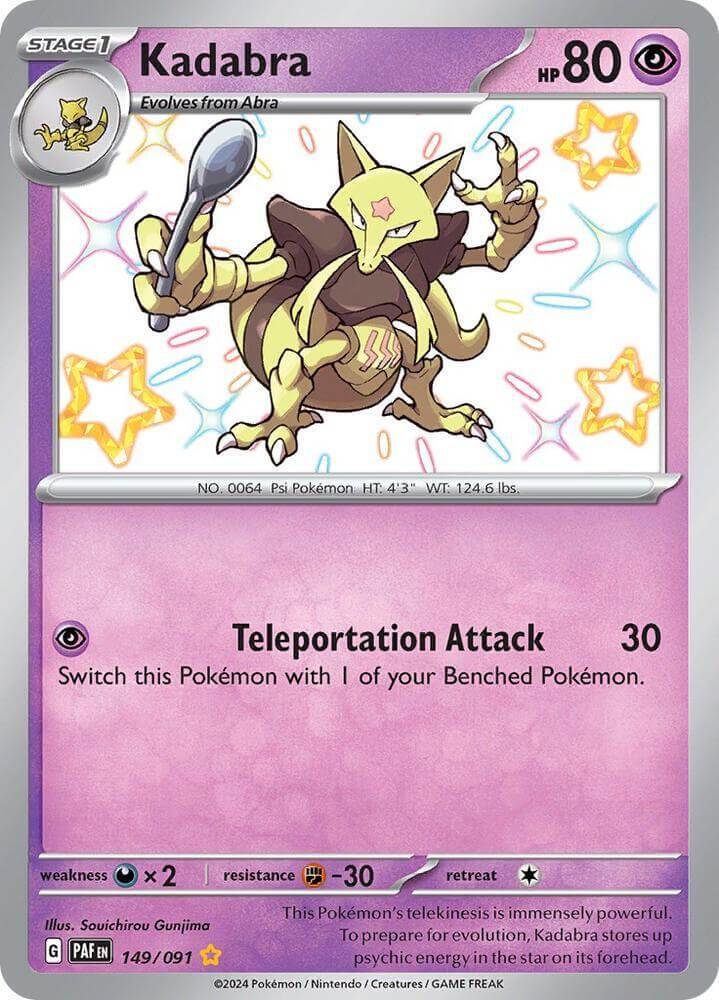 Kadabra (149/091) [Scarlet & Violet: Paldean Fates] card featuring Teleportation Attack, Psychic type, and shiny rare element.