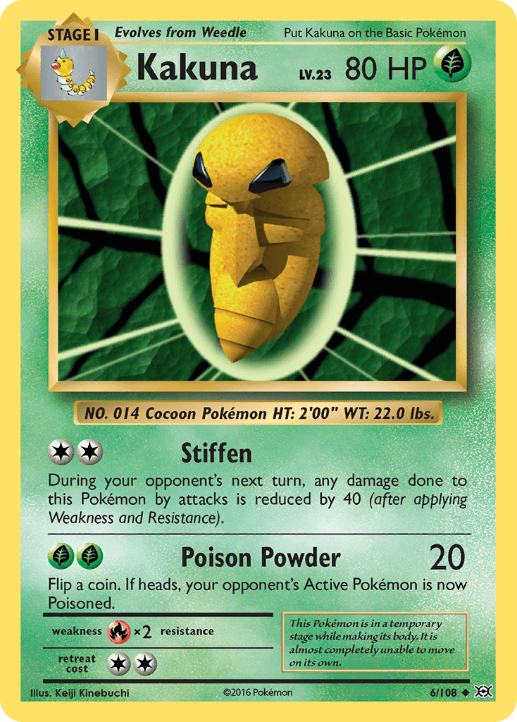 Kakuna (6/108) [XY: Evolutions] card featuring grass type with HP and unique abilities.