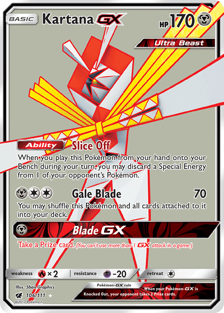 Kartana GX (106/111) [Sun & Moon: Crimson Invasion] card with Ultra Beast ability and powerful attacks.