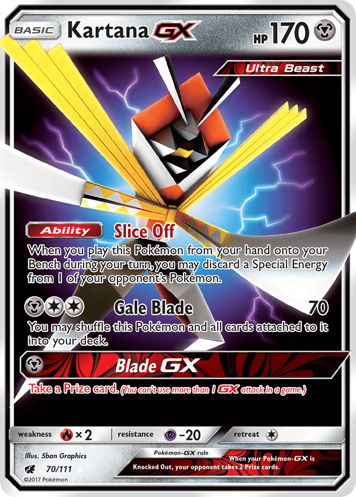 Kartana GX (70/111) [Sun & Moon: Crimson Invasion] featuring Ultra Beast and abilities Slice Off and Gale Blade.