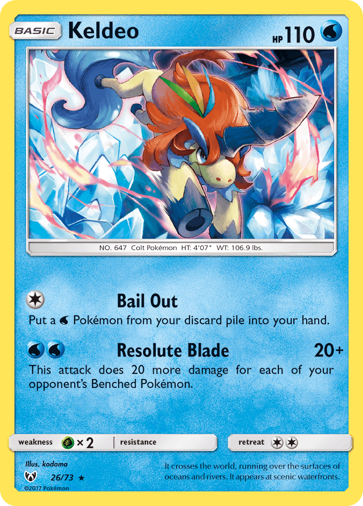 Keldeo (26/73) [Sun & Moon: Shining Legends] card showcasing Water type, Holo Rare with unique abilities including Bail Out.