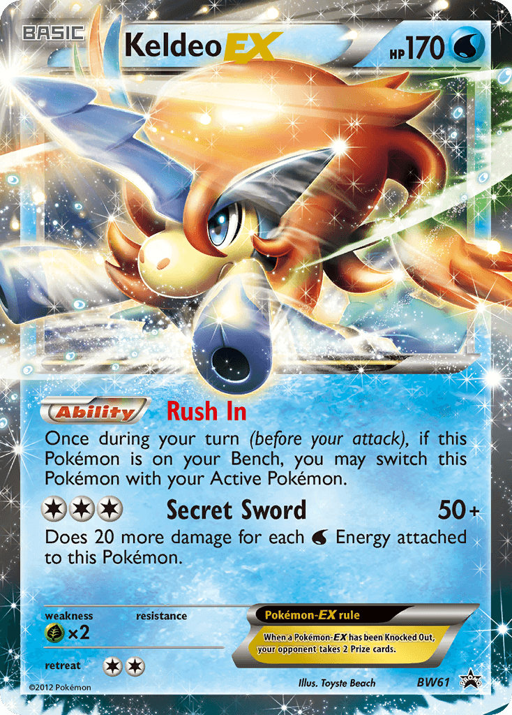 Keldeo EX (BW61) [Black & White: Black Star Promos] card featuring ability Rush In and HP 170.