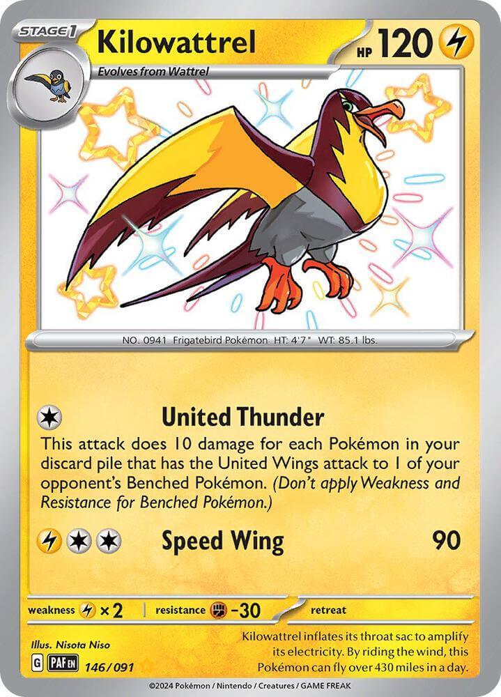 Kilowattrel (146/091) [Scarlet & Violet: Paldean Fates] card with HP, attacks, and strategies in vibrant colors.