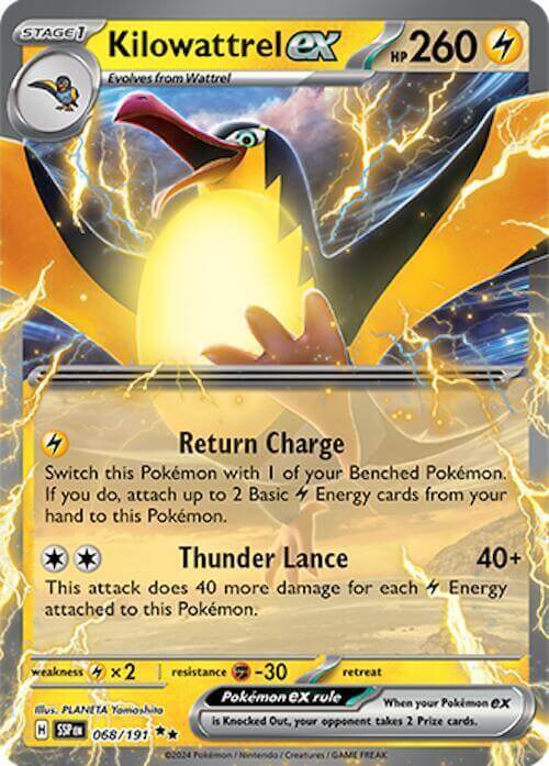 Kilowattrel ex (068/191) [Scarlet & Violet: Surging Sparks] card featuring HP260 and Lightning type attacks.