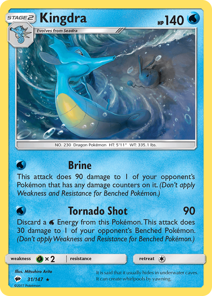 Kingdra (31/147) [Sun & Moon: Burning Shadows] Holo Rare card showcasing its abilities and artwork.