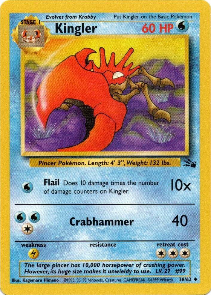 Kingler (38/62) [Fossil Unlimited] card showcasing Flail and Crabhammer moves, with water-type attributes and uncommon rarity.