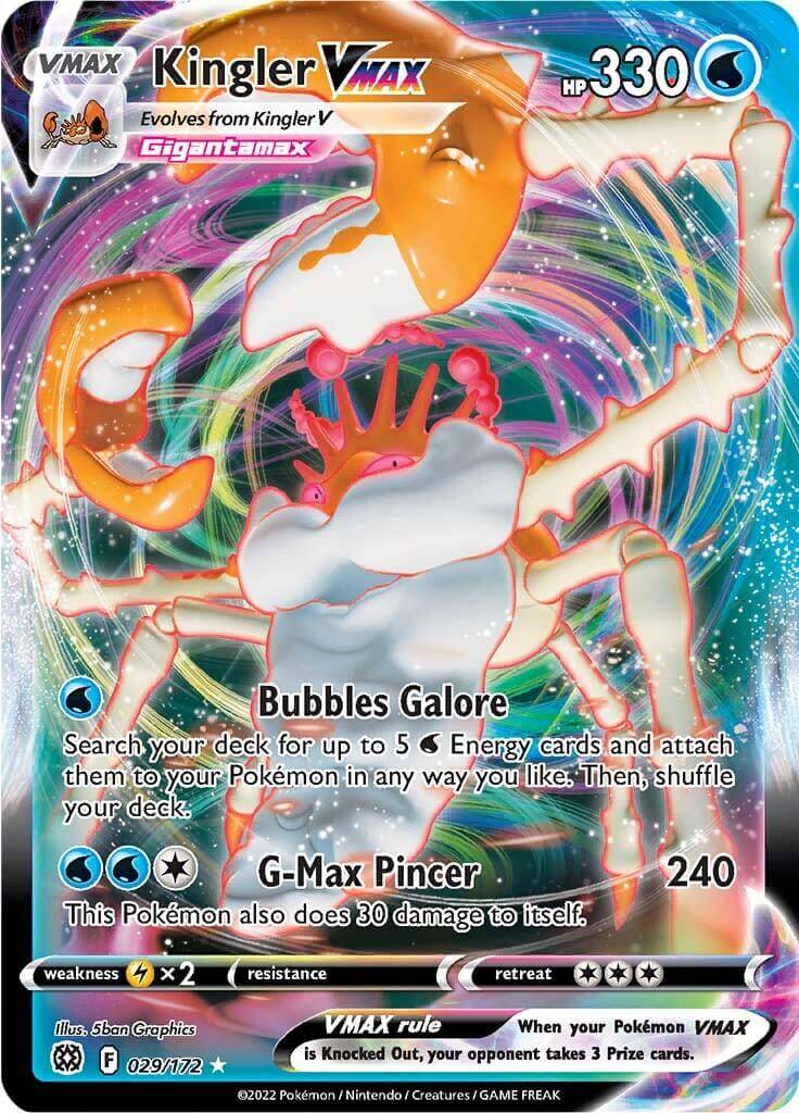 Kingler VMAX (029/172) [Sword & Shield: Brilliant Stars] card featuring Gigantamax Kingler with abilities Bubbles Galore and G-Max Pincer.