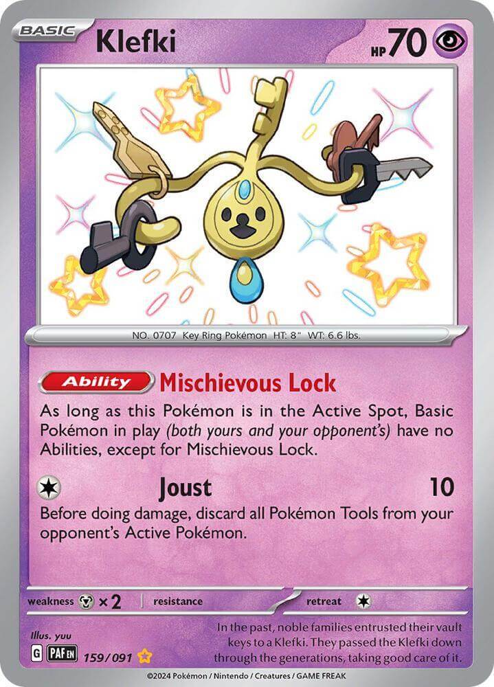 Klefki (159/091) [Scarlet & Violet: Paldean Fates] card featuring Psychic type and shiny rare details.