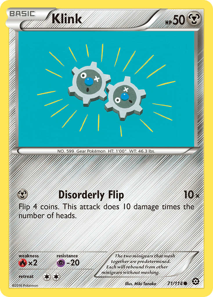 Klink (71/114) [XY: Steam Siege] card featuring two metal gears with faces and stats.