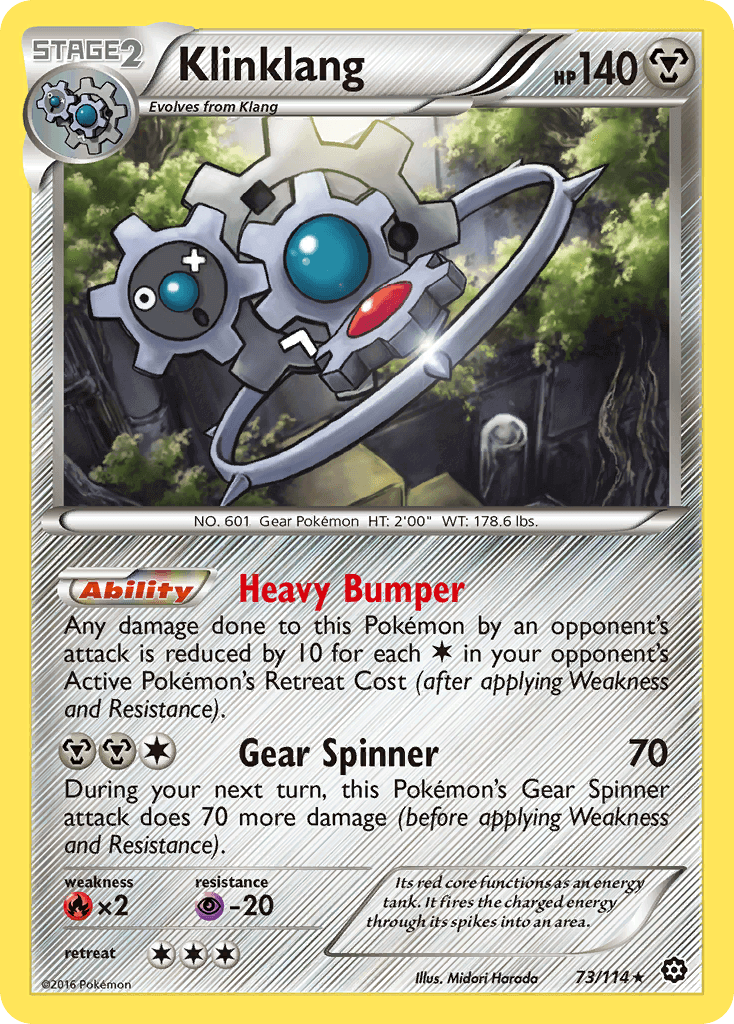 Klinklang (73/114) [XY: Steam Siege] holographic metal Pokémon card featuring Heavy Bumper ability.
