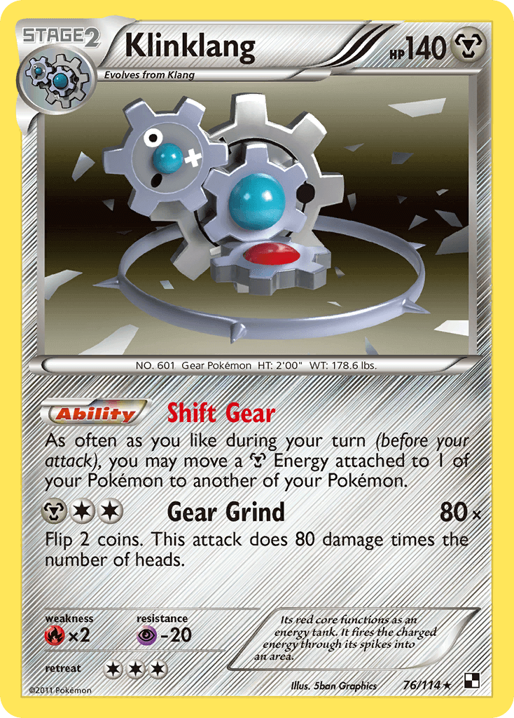 Klinklang (76/114) [Black & White: Base Set] Holo Rare Metal type card with Shift Gear ability.