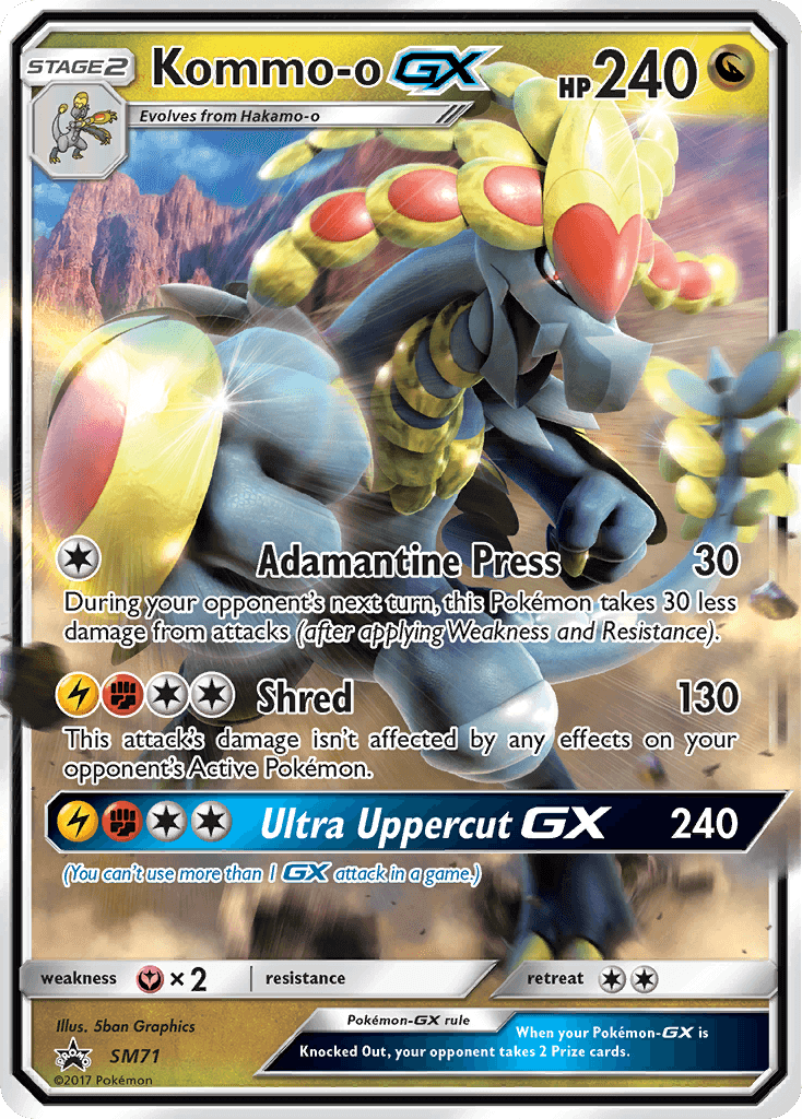 Kommo-o GX (SM71) [Sun & Moon: Black Star Promos] showcasing HP 240 and attacks like Ultra Uppercut GX.