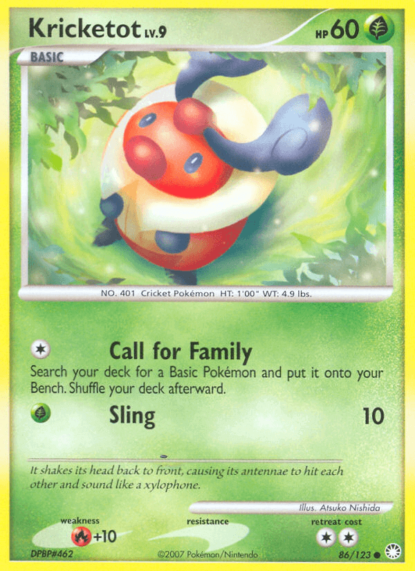 Kricketot (86/123) [Diamond & Pearl: Mysterious Treasures] card with abilities Call for Family and Sling.