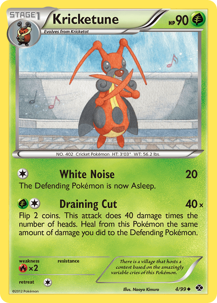 Kricketune (4/99) [Black & White: Next Destinies] card featuring HP 90, Grass type, and attacks White Noise and Drain Cut.