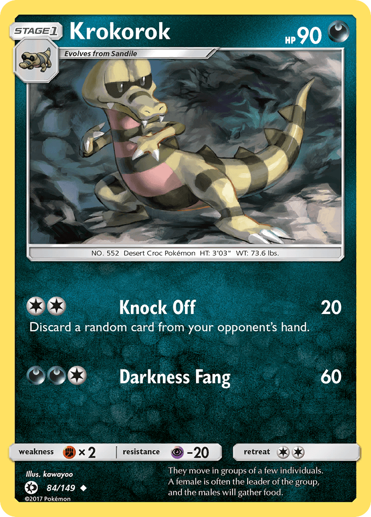 Krokorok (84/149) [Sun & Moon: Base Set] card showcasing its abilities Knock Off and Darkness Fang.