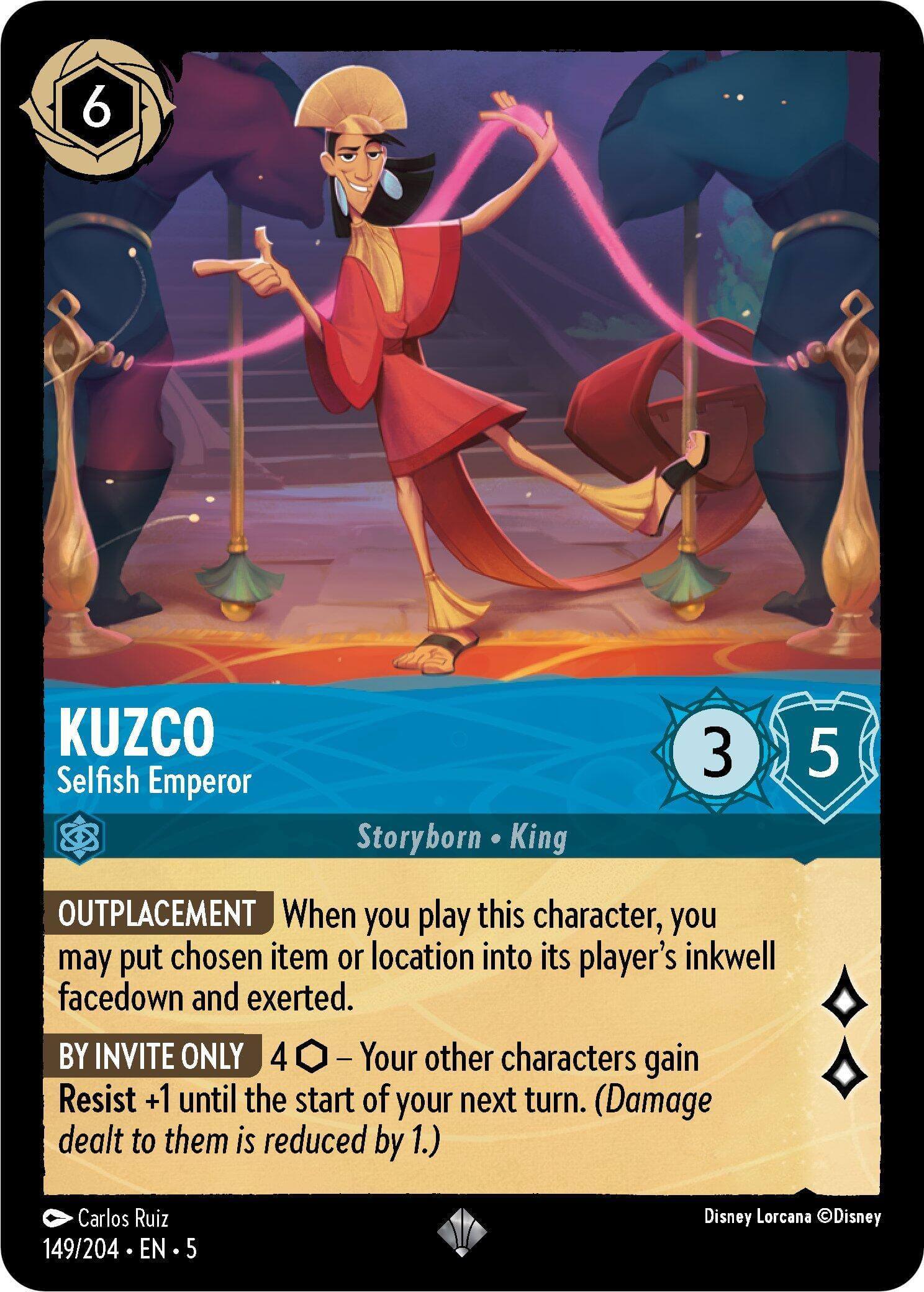 Kuzco - Selfish Emperor (149/204) [Shimmering Skies] game card featuring Outplacement ability and character stats.