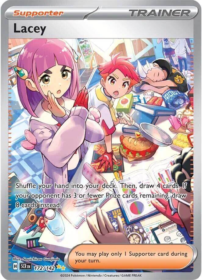 Lacey (172/142) [Scarlet & Violet: Stellar Crown] Supporter card with colorful illustrations, depicting character actions.